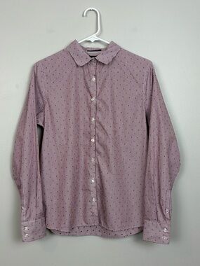 Lands End Top Womens 12 Burgundy White No Iron Supima Cotton Stripe Dot Button